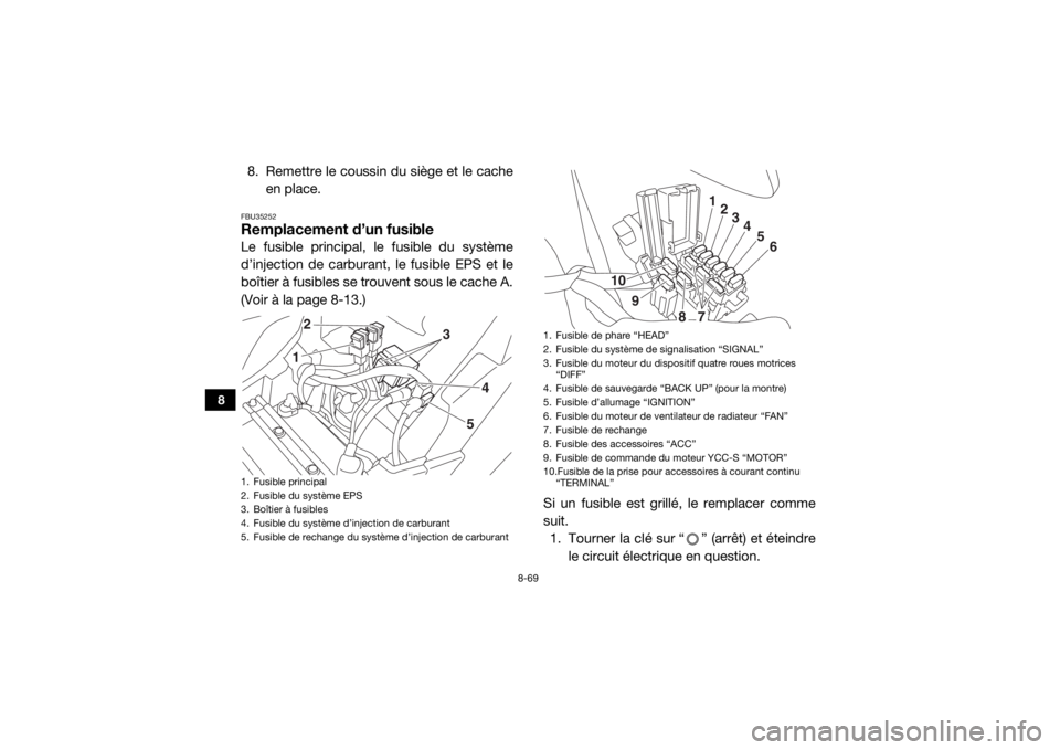 YAMAHA YXZ1000R SS 2018 Notices Demploi (in French) 8-69
8
8. Remettre le coussin du siège et le cacheen place.FBU35252Remplacement d’un fusibleLe fusible principal, le fusible du système
d’injection de carburant, le fusible EPS et le
boîtier à YAMAHA YXZ1000R SS 2018 Notices Demploi (in French) 8-69
8
8. Remettre le coussin du siège et le cacheen place.FBU35252Remplacement d’un fusibleLe fusible principal, le fusible du système
d’injection de carburant, le fusible EPS et le
boîtier à