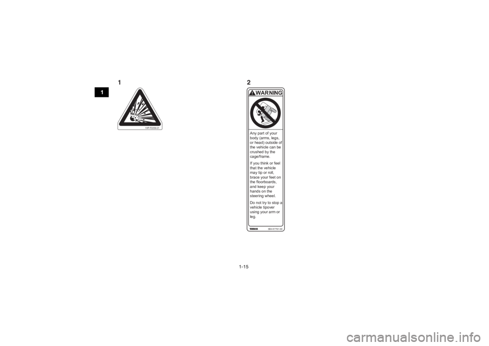 YAMAHA YXZ1000R SS 2018 Notices Demploi (in French) 1-15
1
Any part of your
body (arms, legs,
or head) outside of
the vehicle can be
crushed by the
cage/frame.
If you think or feel
that the vehicle
may tip or roll,
brace your feet on
the floorb YAMAHA YXZ1000R SS 2018 Notices Demploi (in French) 1-15
1
Any part of your
body (arms, legs,
or head) outside of
the vehicle can be
crushed by the
cage/frame.
If you think or feel
that the vehicle
may tip or roll,
brace your feet on
the floorb