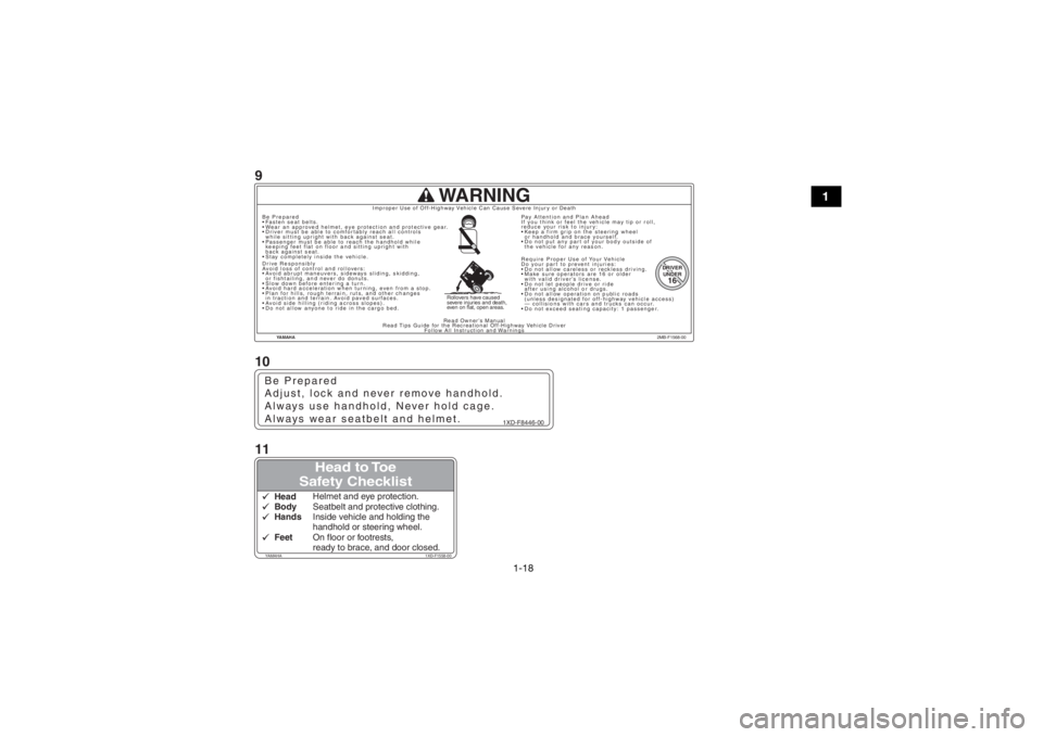 YAMAHA YXZ1000R 2018 Notices Demploi (in French) 1-18
1
YAMAHA2MB-F1568-00
WARNING
DRIVERDRIVERUNDERUNDER1616DRIVER
UNDER16
Improper Use of Off-High way Vehicle Can Cau se Severe Inju ry or Death
Read Ow ner’s Man ual
Read Tips Gu ide for the Rec YAMAHA YXZ1000R 2018 Notices Demploi (in French) 1-18
1
YAMAHA2MB-F1568-00
WARNING
DRIVERDRIVERUNDERUNDER1616DRIVER
UNDER16
Improper Use of Off-High way Vehicle Can Cau se Severe Inju ry or Death
Read Ow ner’s Man ual
Read Tips Gu ide for the Rec