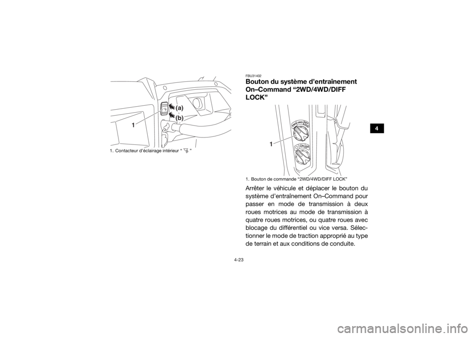 YAMAHA YXZ1000R SS 2018 Notices Demploi (in French) 4-23
4
FBU31402Bouton du système d’entraînement
On–Command “2WD/4WD/DIFF
LOCK”Arrêter le véhicule et déplacer le bouton du
système d’entraînement On–Command pour
passer en mode de YAMAHA YXZ1000R SS 2018 Notices Demploi (in French) 4-23
4
FBU31402Bouton du système d’entraînement
On–Command “2WD/4WD/DIFF
LOCK”Arrêter le véhicule et déplacer le bouton du
système d’entraînement On–Command pour
passer en mode de