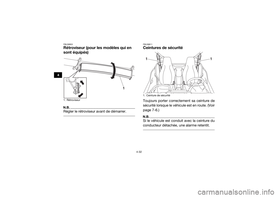 YAMAHA YXZ1000R SS 2018 Notices Demploi (in French) 4-32
4
FBU36953Rétroviseur (pour les modèles qui en
sont équipés)N.B.Régler le rétroviseur avant de démarrer.
FBU36811Ceintures de sécuritéToujours porter correctement sa ceinture de
sécur YAMAHA YXZ1000R SS 2018 Notices Demploi (in French) 4-32
4
FBU36953Rétroviseur (pour les modèles qui en
sont équipés)N.B.Régler le rétroviseur avant de démarrer.
FBU36811Ceintures de sécuritéToujours porter correctement sa ceinture de
sécur