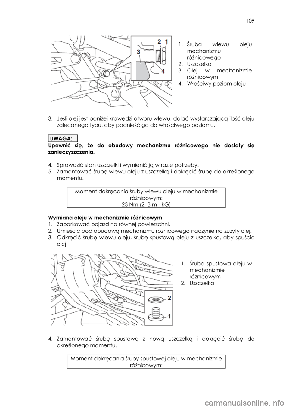 YAMAHA YXZ1000R 2018 Instrukcja obsługi (in Polish) 109
1. Śruba wlewu oleju
mechanizmu
różnicowego
2. Uszczelka
3. Olej w mechanizmie
różnicowym
4. Właściwy poziom oleju
3. Jeśli olej jest poniżej krawędzi otworu wlewu, YAMAHA YXZ1000R 2018 Instrukcja obsługi (in Polish) 109
1. Śruba wlewu oleju
mechanizmu
różnicowego
2. Uszczelka
3. Olej w mechanizmie
różnicowym
4. Właściwy poziom oleju
3. Jeśli olej jest poniżej krawędzi otworu wlewu,