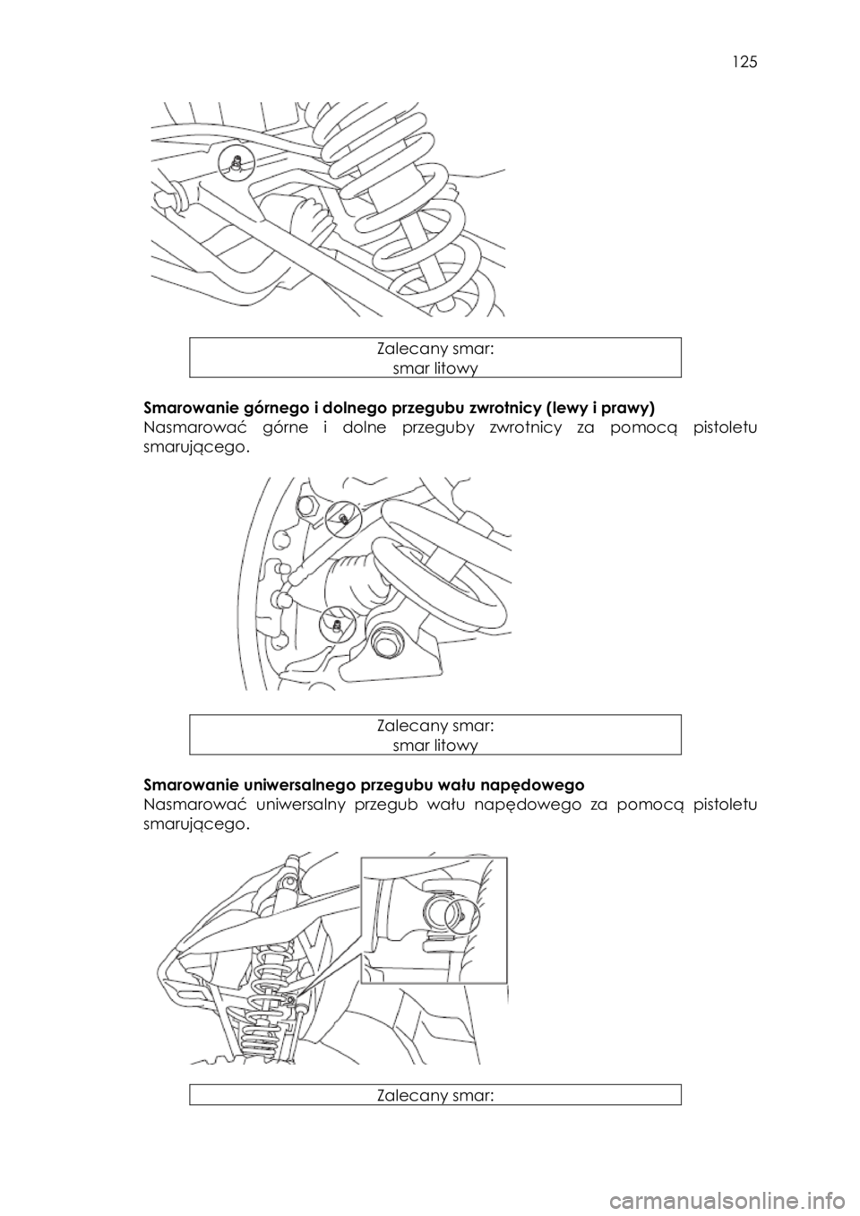 YAMAHA YXZ1000R 2018 Instrukcja obsługi (in Polish) 125
Zalecany smar:
smar litowy
Smarowanie górnego i dolnego przegubu zwrotnicy (lewy i prawy)
Nasmarować górne i dolne przeguby zwrotnicy za pomocą pistoletu
smarującego.
YAMAHA YXZ1000R 2018 Instrukcja obsługi (in Polish) 125
Zalecany smar:
smar litowy
Smarowanie górnego i dolnego przegubu zwrotnicy (lewy i prawy)
Nasmarować górne i dolne przeguby zwrotnicy za pomocą pistoletu
smarującego.