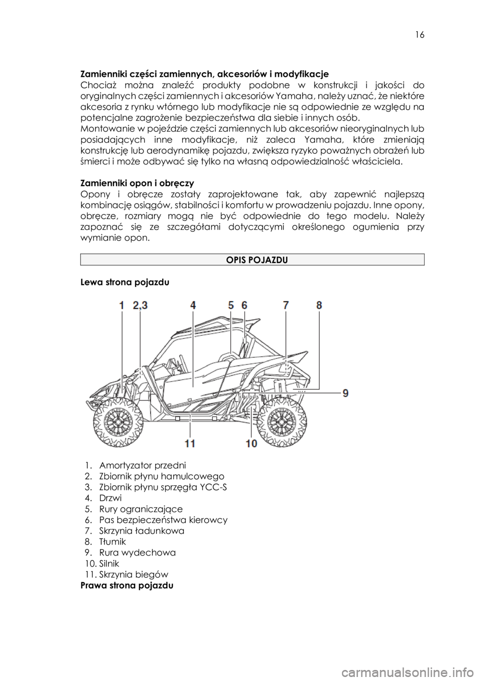 YAMAHA YXZ1000R SS 2017  Instrukcja obsługi (in Polish)  16 
 
Zamienniki części zamiennych, akcesoriów i modyfikacje 
Chociaż  można znaleźć  produkty  podobne  w  konstrukcji  i  jakości do 
oryginalnych części zamiennych i akcesoriów Yamaha, 