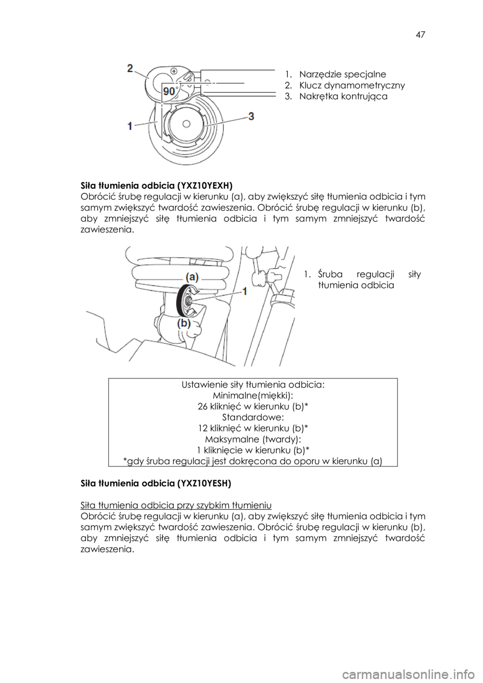 YAMAHA YXZ1000R SS 2017  Instrukcja obsługi (in Polish)  47 
 
 
1. Narzędzie specjalne  
2. Klucz dynamometryczny 
3. Nakrętka kontrująca 
 
 
 
Siła tłumienia odbicia (YXZ10YEXH) 
Obrócić śrubę regulacji w kierunku (a), aby zwiększyć siłę t�