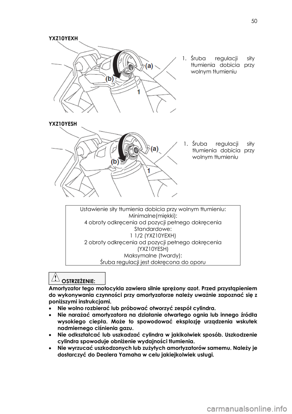 YAMAHA YXZ1000R SS 2017  Instrukcja obsługi (in Polish)  50 
YXZ10YEXH 
 
 
 
1. Śruba regulacji  siły 
tłumienia dobicia przy 
wolnym tłumieniu 
 
 
 
YXZ10YESH 
 
 
 
1. Śruba regulacji  siły 
tłumienia dobicia przy 
wolnym tłumieniu 
 
 
 
Ustaw