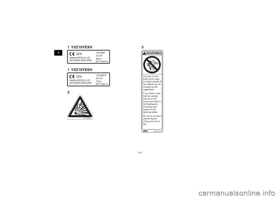 YAMAHA YXZ1000R 2017 Notices Demploi (in French) 1-4
1
YAMAHA MOTOR CO.,LTD.
2500 SHINGAI,IWATA,JAPAN
2016
YXZ1000ET
83.5 kW
686 kgB57-F155A-00
YAMAHA MOTOR CO.,LTD.
2500 SHINGAI,IWATA,JAPAN
2016
YXZ1000ETS
83.5 kW
705 kgB57-F155A-10
Any part of YAMAHA YXZ1000R 2017 Notices Demploi (in French) 1-4
1
YAMAHA MOTOR CO.,LTD.
2500 SHINGAI,IWATA,JAPAN
2016
YXZ1000ET
83.5 kW
686 kgB57-F155A-00
YAMAHA MOTOR CO.,LTD.
2500 SHINGAI,IWATA,JAPAN
2016
YXZ1000ETS
83.5 kW
705 kgB57-F155A-10
Any part of