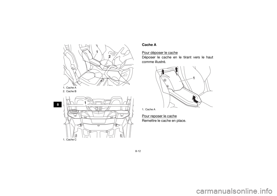 YAMAHA YXZ1000R 2017 Notices Demploi (in French) 8-12
8
Cache A
Pour déposer le cacheDéposer le cache en le tirant vers le haut
comme illustré.
Pour reposer le cacheRemettre le cache en place.
1. Cache A
2. Cache B
1. Cache C
1
2
1
1. Cache A
1
U YAMAHA YXZ1000R 2017 Notices Demploi (in French) 8-12
8
Cache A
Pour déposer le cacheDéposer le cache en le tirant vers le haut
comme illustré.
Pour reposer le cacheRemettre le cache en place.
1. Cache A
2. Cache B
1. Cache C
1
2
1
1. Cache A
1
U