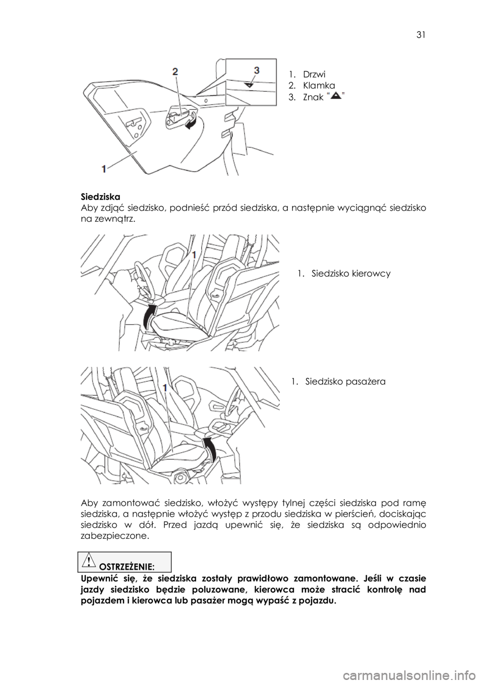 YAMAHA YXZ1000R 2016  Instrukcja obsługi (in Polish)  31 
 
 
1. Drzwi 
2. Klamka 
3. Znak  
 
 
 
Siedziska 
Aby zdjąć siedzisko, podnieść przód siedziska, a następnie wyciągnąć siedzisko  
na zewnątrz. 
 
 
 
 
 
1. Siedzisko kierowcy  
 
 
