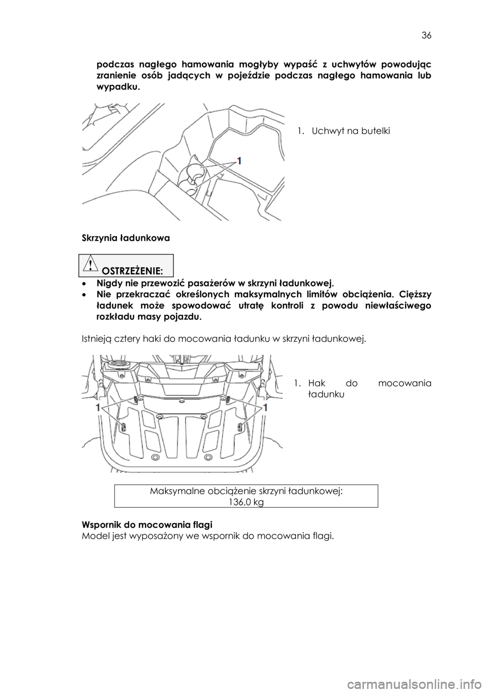 YAMAHA YXZ1000R 2016 Instrukcja obsługi (in Polish) 36
podczas nagłego hamowania mogłyby wypaść z uchwytów powodując
zranienie osób jadących w pojeździe podczas nagłego hamowania lub
wypadku.
1. Uchwyt na butelki
YAMAHA YXZ1000R 2016 Instrukcja obsługi (in Polish) 36
podczas nagłego hamowania mogłyby wypaść z uchwytów powodując
zranienie osób jadących w pojeździe podczas nagłego hamowania lub
wypadku.
1. Uchwyt na butelki