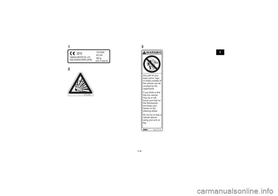 YAMAHA YXZ1000R 2016 User Guide 1-4
1
YAMAHA MOTOR CO.,LTD.
2500 SHINGAI,IWATA,JAPAN
2015
YXZ1000E
83.5 kW
685 kg2HC-F155A-00
Any part of your
body (arms, legs,
or head) outside of
the vehicle can be
crushed by the
cage/frame. YAMAHA YXZ1000R 2016 User Guide 1-4
1
YAMAHA MOTOR CO.,LTD.
2500 SHINGAI,IWATA,JAPAN
2015
YXZ1000E
83.5 kW
685 kg2HC-F155A-00
Any part of your
body (arms, legs,
or head) outside of
the vehicle can be
crushed by the
cage/frame.