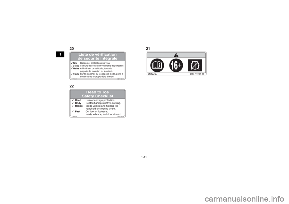 YAMAHA YXZ1000R 2016 User Guide 1-11
1
Liste de vérification
de sécurité intégrale
YAMAHA 1XD-F1558-10TêteCasque et protection des yeuxCorps
Ceinture de sécurité et vêtements de protectionMainsÀ l’intérieur du véhicule YAMAHA YXZ1000R 2016 User Guide 1-11
1
Liste de vérification
de sécurité intégrale
YAMAHA 1XD-F1558-10TêteCasque et protection des yeuxCorps
Ceinture de sécurité et vêtements de protectionMainsÀ l’intérieur du véhicule