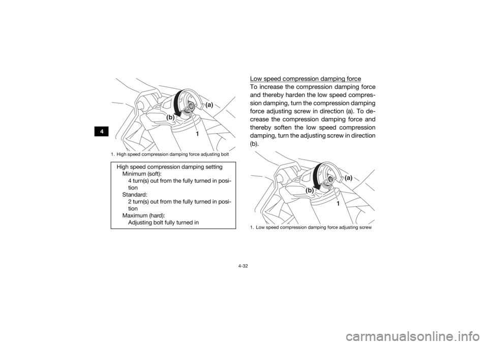 YAMAHA YXZ1000R 2016 Repair Manual 4-32
4
Low speed compression damping forceTo increase the compression damping force
and thereby harden the low speed compres-
sion damping, turn the compression damping
force adjusting screw in direct YAMAHA YXZ1000R 2016 Repair Manual 4-32
4
Low speed compression damping forceTo increase the compression damping force
and thereby harden the low speed compres-
sion damping, turn the compression damping
force adjusting screw in direct