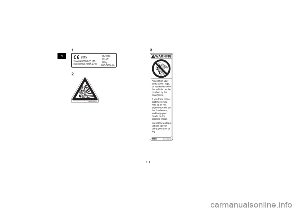 YAMAHA YXZ1000R 2016  Notices Demploi (in French) 1-4
1
YAMAHA MOTOR CO.,LTD.  
2500 SHINGAI,IWATA,JAPAN
2015
YXZ1000E
83.5 kW
685 kg2HC-F155A-00
Any part of your 
body (arms, legs, 
or head) outside of
the vehicle can be 
crushed by the 
cage/frame.