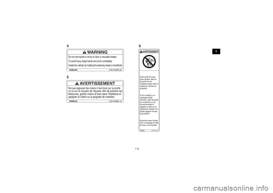 YAMAHA YXZ1000R 2016 Notices Demploi (in French) 1-5
1
YAMAHA1XD-K8483-10
AVERTISSEMENT
Ne pas appuyer les mains ni les bras sur la portiè
re ou sur le coussin de l’épaule. Afin de prévenir les
blessures, garder mains et bras dans l’habitacle YAMAHA YXZ1000R 2016 Notices Demploi (in French) 1-5
1
YAMAHA1XD-K8483-10
AVERTISSEMENT
Ne pas appuyer les mains ni les bras sur la portiè
re ou sur le coussin de l’épaule. Afin de prévenir les
blessures, garder mains et bras dans l’habitacle