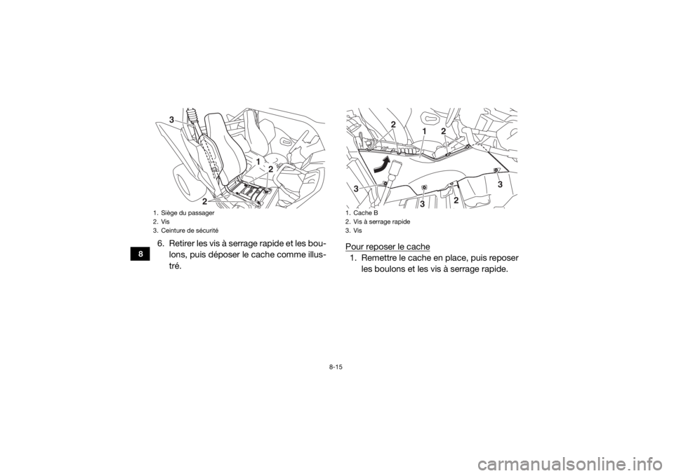 YAMAHA YXZ1000R 2016  Notices Demploi (in French) 8-15
8
6. Retirer les vis à serrage rapide et les bou-lons, puis déposer le cache comme illus-
tré. Pour reposer le cache
1. Remettre le cache en place, puis reposer
les boulons et les vis à serra
