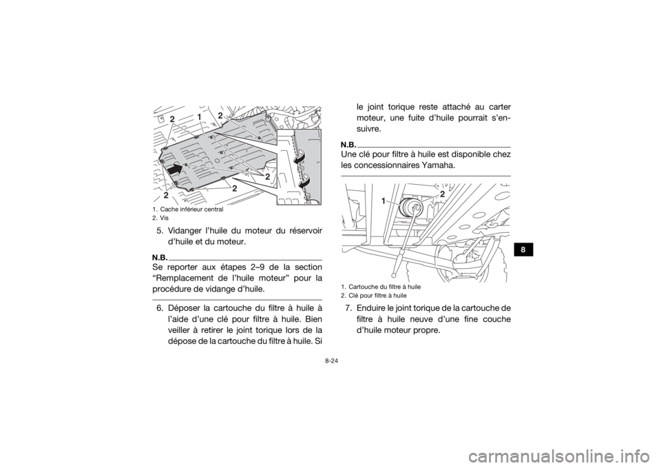 YAMAHA YXZ1000R 2016 Notices Demploi (in French) 8-24
8
5. Vidanger l’huile du moteur du réservoird’huile et du moteur.N.B.Se reporter aux étapes 2–9 de la section
“Remplacement de l’huile moteur” pour la
procédure de vidange d’huil YAMAHA YXZ1000R 2016 Notices Demploi (in French) 8-24
8
5. Vidanger l’huile du moteur du réservoird’huile et du moteur.N.B.Se reporter aux étapes 2–9 de la section
“Remplacement de l’huile moteur” pour la
procédure de vidange d’huil
