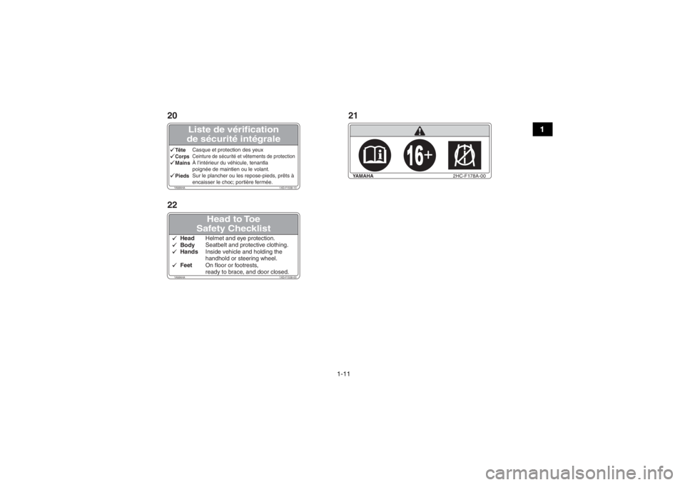 YAMAHA YXZ1000R 2016 Notices Demploi (in French) 1-11
1
Liste de vérification
de sécurité intégrale
YAMAHA 1XD-F1558-10TêteCasque et protection des yeuxCorps
Ceinture de sécurité et vêtements de protectionMainsÀ l’intérieur du véhicule YAMAHA YXZ1000R 2016 Notices Demploi (in French) 1-11
1
Liste de vérification
de sécurité intégrale
YAMAHA 1XD-F1558-10TêteCasque et protection des yeuxCorps
Ceinture de sécurité et vêtements de protectionMainsÀ l’intérieur du véhicule