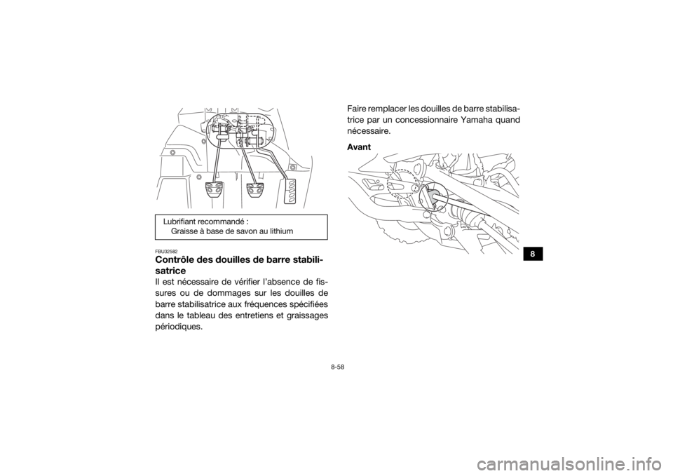 YAMAHA YXZ1000R 2016  Notices Demploi (in French) 8-58
8
FBU32582Contrôle des douilles de barre stabili-
satriceIl est nécessaire de vérifier l’absence de fis-
sures ou de dommages sur les douilles de
barre stabilisatrice aux fréquences spécif