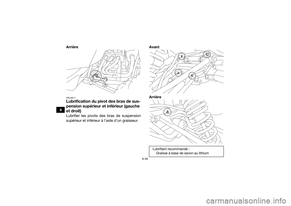 YAMAHA YXZ1000R 2016  Notices Demploi (in French) 8-59
8
ArrièreFBU35211Lubrification du pivot des bras de sus-
pension supérieur et inférieur (gauche 
et droit)Lubrifier les pivots des bras de suspension
supérieur et inférieur à l’aide d’u