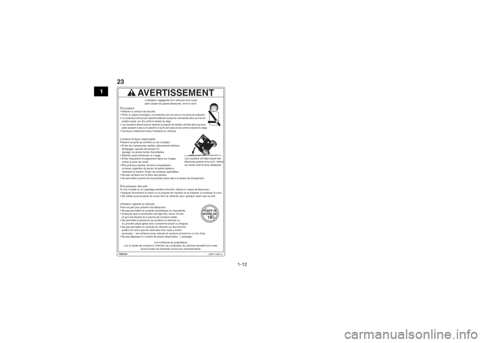 YAMAHA YXZ1000R 2016 Notices Demploi (in French) 1-12
1
YAMAHA2MB-F1568-10
AVERTISSEMENT
PILOTE DE
PILOTE DE
MOINS DE
MOINS DE16
16PILOTE DEMOINS DE16
Lire le Manuel du propriétaire.
Lire le Guide de conseils à l’intention du conducteur du véh YAMAHA YXZ1000R 2016 Notices Demploi (in French) 1-12
1
YAMAHA2MB-F1568-10
AVERTISSEMENT
PILOTE DE
PILOTE DE
MOINS DE
MOINS DE16
16PILOTE DEMOINS DE16
Lire le Manuel du propriétaire.
Lire le Guide de conseils à l’intention du conducteur du véh