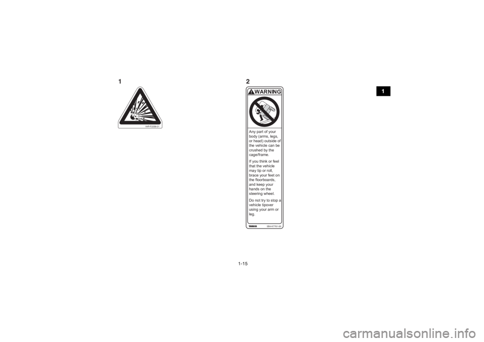 YAMAHA YXZ1000R 2016  Notices Demploi (in French) 1-15
1
Any part of your 
body (arms, legs, 
or head) outside of
the vehicle can be 
crushed by the 
cage/frame.
If you think or feel 
that the vehicle 
may tip or roll, 
brace your feet on 
the floorb