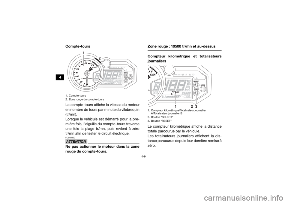 YAMAHA YXZ1000R 2016 Notices Demploi (in French) 4-9
4
Compte-tours
Le compte-tours affiche la vitesse du moteur
en nombre de tours par minute du vilebrequin
(tr/mn).
Lorsque le véhicule est démarré pour la pre-
mière fois, l’aiguille du compt YAMAHA YXZ1000R 2016 Notices Demploi (in French) 4-9
4
Compte-tours
Le compte-tours affiche la vitesse du moteur
en nombre de tours par minute du vilebrequin
(tr/mn).
Lorsque le véhicule est démarré pour la pre-
mière fois, l’aiguille du compt