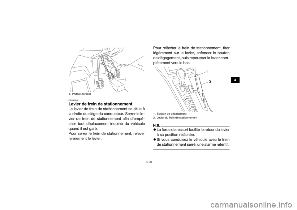 YAMAHA YXZ1000R 2016 Notices Demploi (in French) 4-20
4
FBU35640Levier de frein de stationnementLe levier de frein de stationnement se situe à
la droite du siège du conducteur. Serrer le le-
vier de frein de stationnement afin d’empê-
cher tout YAMAHA YXZ1000R 2016 Notices Demploi (in French) 4-20
4
FBU35640Levier de frein de stationnementLe levier de frein de stationnement se situe à
la droite du siège du conducteur. Serrer le le-
vier de frein de stationnement afin d’empê-
cher tout