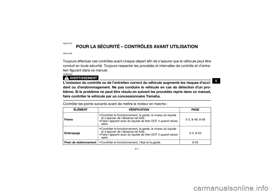 YAMAHA YXZ1000R 2016  Notices Demploi (in French) 5-1
5
FBU31573
POUR LA SÉCURITÉ – CONTRÔLES AVANT UTILISATION
FBU31582Toujours effectuer ces contrôles avant chaque départ afin de s’assurer que le véhicule peut être
conduit en toute sécu