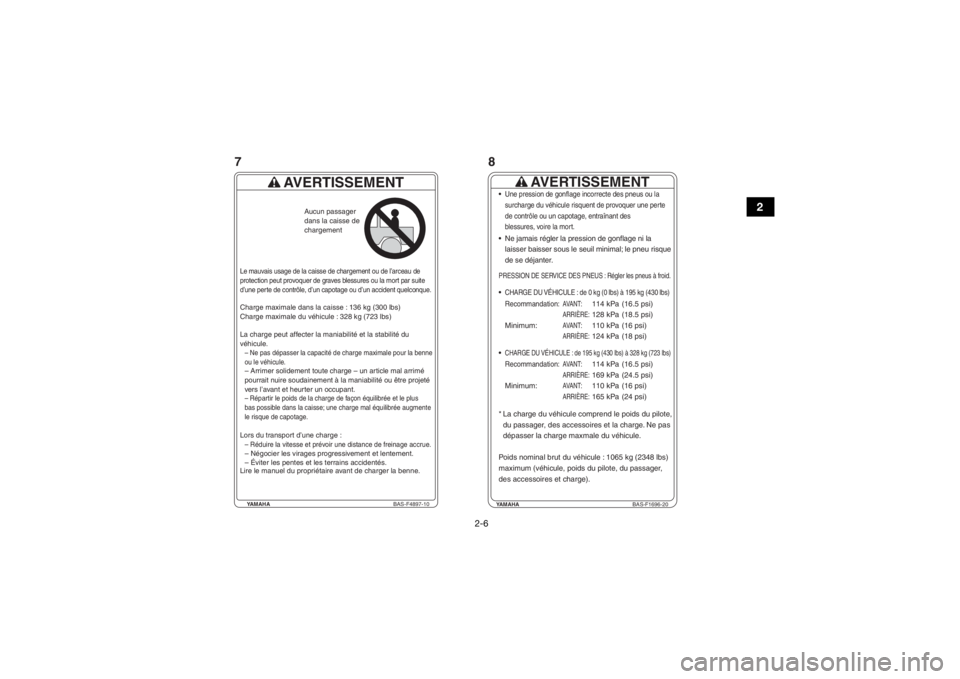 YAMAHA YXZ1000R SS 2020 Owners Manual 2-6
2
YAMAHABAS-F4897-10
AVERTISSEMENT
Charge maximale dans la caisse : 136 kg (300 lbs)
Charge maximale du véhicule : 328 kg (723 lbs)
La charge peut affecter la maniabilité et la stabilité du
vé YAMAHA YXZ1000R SS 2020 Owners Manual 2-6
2
YAMAHABAS-F4897-10
AVERTISSEMENT
Charge maximale dans la caisse : 136 kg (300 lbs)
Charge maximale du véhicule : 328 kg (723 lbs)
La charge peut affecter la maniabilité et la stabilité du
vé