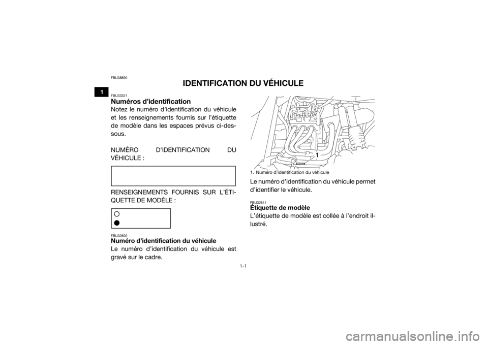 YAMAHA YXZ1000R SS 2020  Notices Demploi (in French) 1-1
1
FBU38890
IDENTIFICATION DU VÉHICULE
FBU33321Numéros d’identificationNotez le numéro d’identification du véhicule
et les renseignements fournis sur l’étiquette
de modèle dans les espa