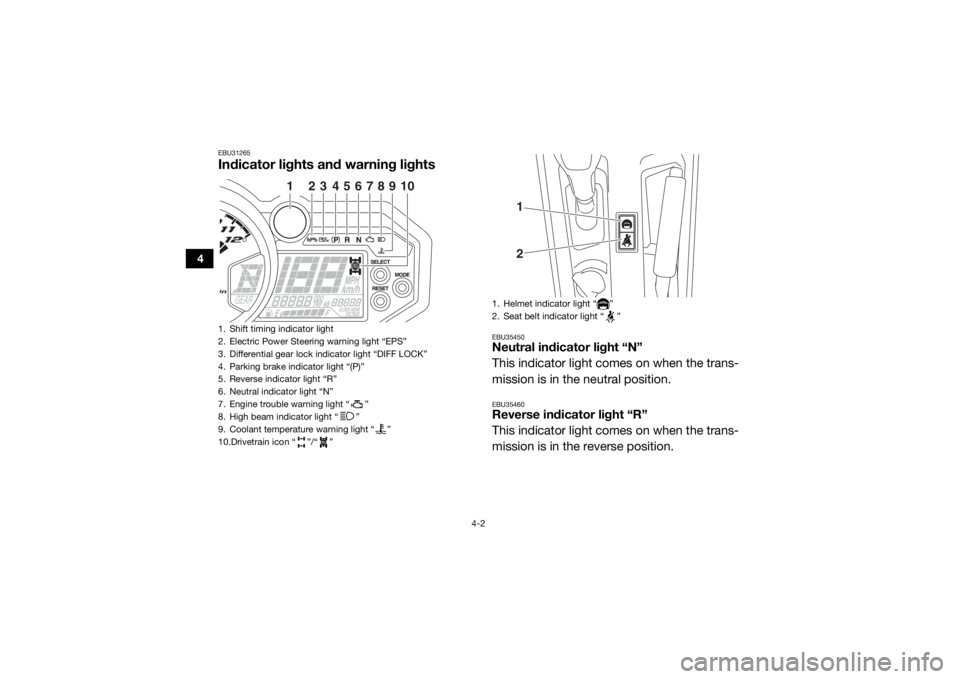 YAMAHA YXZ1000R SS 2017  Owners Manual 4-2
4
EBU31265Indicator lights and warning lights
EBU35450Neutral indicator light “N”
This indicator light comes on when the trans-
mission is in the neutral position.EBU35460Reverse indicator lig