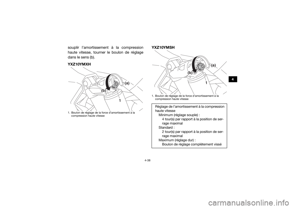 YAMAHA YXZ1000R SS 2017  Notices Demploi (in French) 4-38
4
souplir l’amortissement à la compression
haute vitesse, tourner le boulon de réglage
dans le sens (b).
YXZ10YMXHYXZ10YMSH1. Boulon de réglage de la force d’amortissement à la 
compressi
