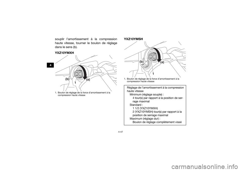 YAMAHA YXZ1000R SS 2017 Notices Demploi (in French) 4-47
4
souplir l’amortissement à la compression
haute vitesse, tourner le boulon de réglage
dans le sens (b).
YXZ10YMXHYXZ10YMSH1. Boulon de réglage de la force d’amortissement à la
compressi YAMAHA YXZ1000R SS 2017 Notices Demploi (in French) 4-47
4
souplir l’amortissement à la compression
haute vitesse, tourner le boulon de réglage
dans le sens (b).
YXZ10YMXHYXZ10YMSH1. Boulon de réglage de la force d’amortissement à la
compressi
