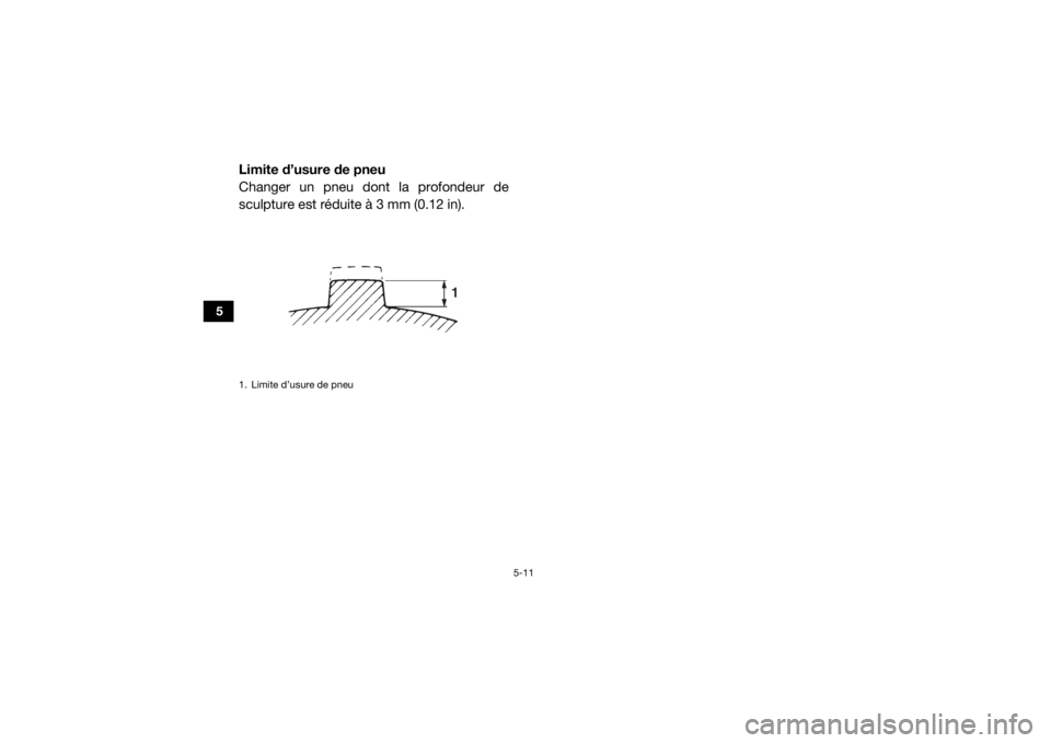 YAMAHA YXZ1000R SS 2017 Notices Demploi (in French) 5-11
5
Limite d’usure de pneu
Changer un pneu dont la profondeur de
sculpture est réduite à 3 mm (0.12 in).1. Limite d’usure de pneu
1
U2HC7MF0.book Page 11 Tuesday, April 19, 2016 11:27 AM YAMAHA YXZ1000R SS 2017 Notices Demploi (in French) 5-11
5
Limite d’usure de pneu
Changer un pneu dont la profondeur de
sculpture est réduite à 3 mm (0.12 in).1. Limite d’usure de pneu
1
U2HC7MF0.book Page 11 Tuesday, April 19, 2016 11:27 AM