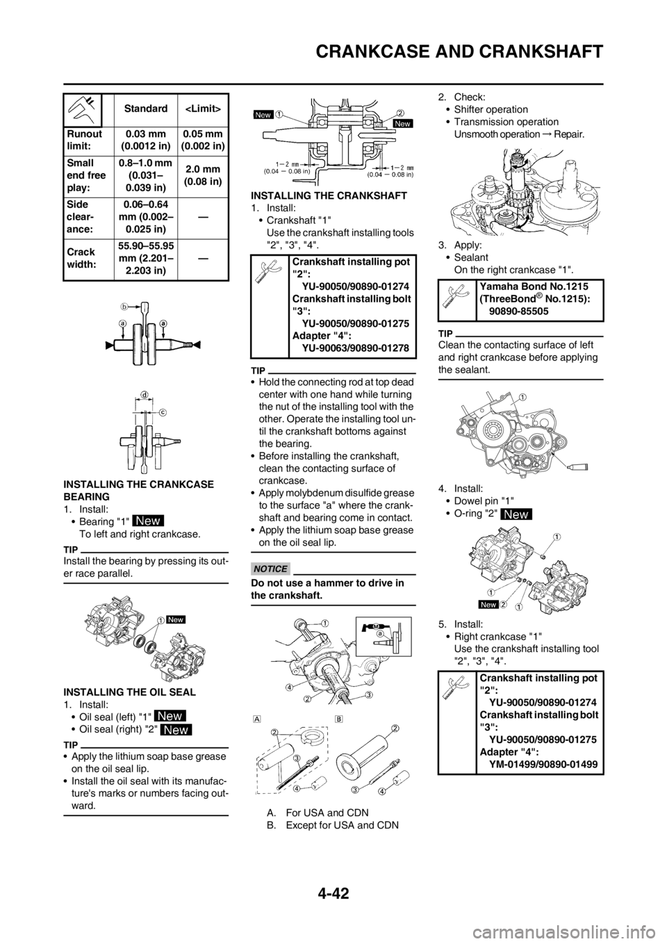YAMAHA YZ125LC 2013  Owners Manual 4-42
CRANKCASE AND CRANKSHAFT
INSTALLING THE CRANKCASE 
BEARING
1. Install:
• Bearing "1" 
To left and right crankcase.
Install the bearing by pressing its out-
er race parallel.
INSTALLING THE OIL 