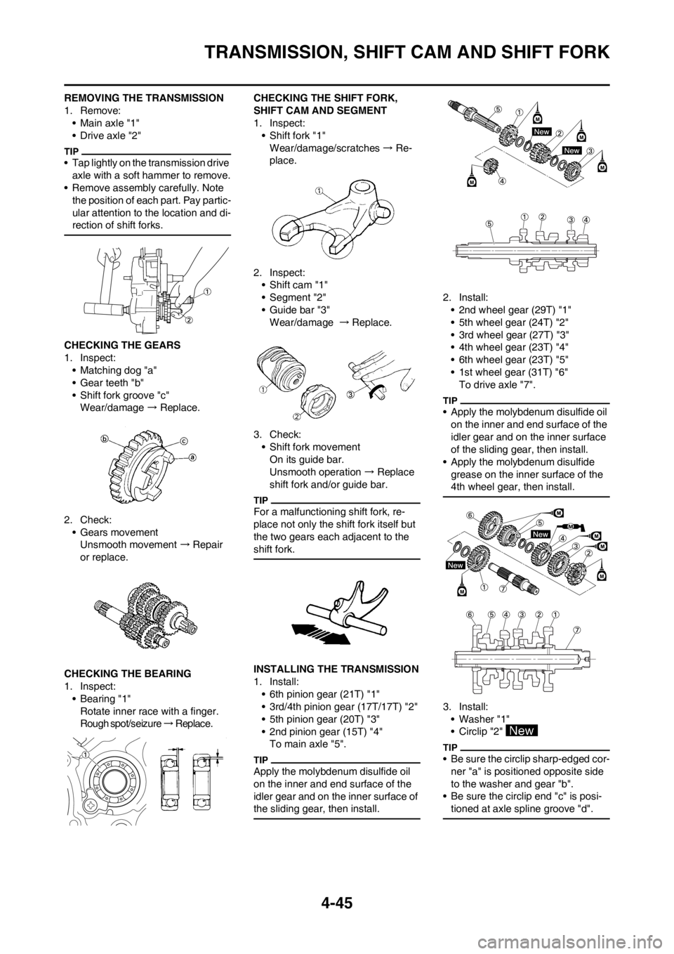 YAMAHA YZ125LC 2013  Owners Manual 4-45
TRANSMISSION, SHIFT CAM AND SHIFT FORK
REMOVING THE TRANSMISSION
1. Remove:
• Main axle "1"
• Drive axle "2"
• Tap lightly on the transmission drive 
axle with a soft hammer to remove.
• 