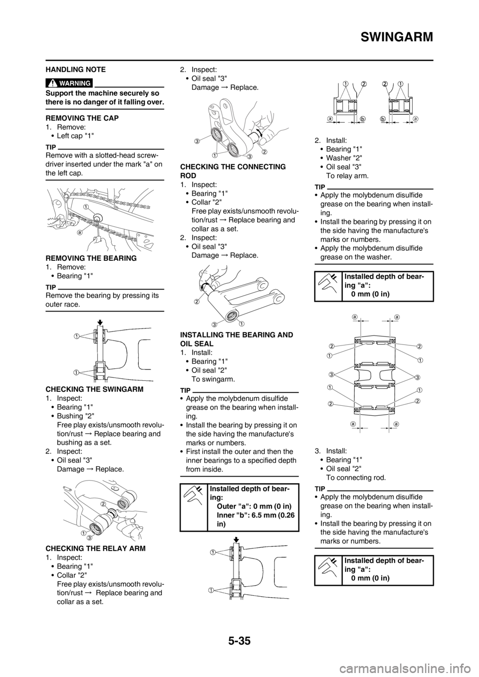 YAMAHA YZ125LC 2013 Owners Manual 5-35
SWINGARM
HANDLING NOTE
Support the machine securely so
there is no danger of it falling over.
REMOVING THE CAP
1. Remove:
• Left cap "1"
Remove with a slotted-head screw-
driver inserted under YAMAHA YZ125LC 2013 Owners Manual 5-35
SWINGARM
HANDLING NOTE
Support the machine securely so
there is no danger of it falling over.
REMOVING THE CAP
1. Remove:
• Left cap "1"
Remove with a slotted-head screw-
driver inserted under