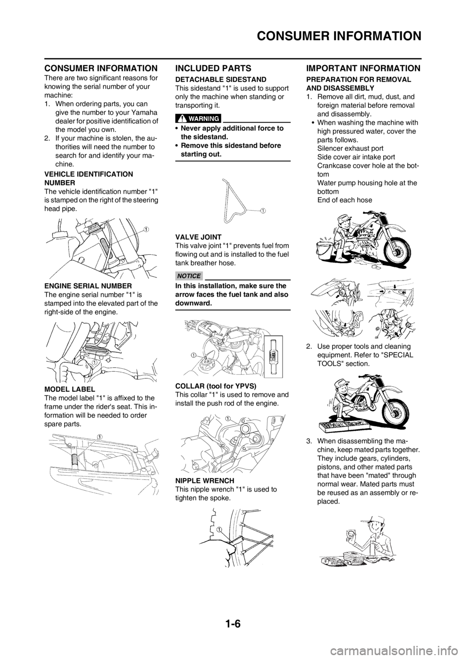 YAMAHA YZ125LC 2013 User Guide 1-6
CONSUMER INFORMATION
CONSUMER INFORMATION
There are two significant reasons for
knowing the serial number of your
machine:
1. When ordering parts, you can
give the number to your Yamaha
dealer YAMAHA YZ125LC 2013 User Guide 1-6
CONSUMER INFORMATION
CONSUMER INFORMATION
There are two significant reasons for
knowing the serial number of your
machine:
1. When ordering parts, you can
give the number to your Yamaha
dealer
