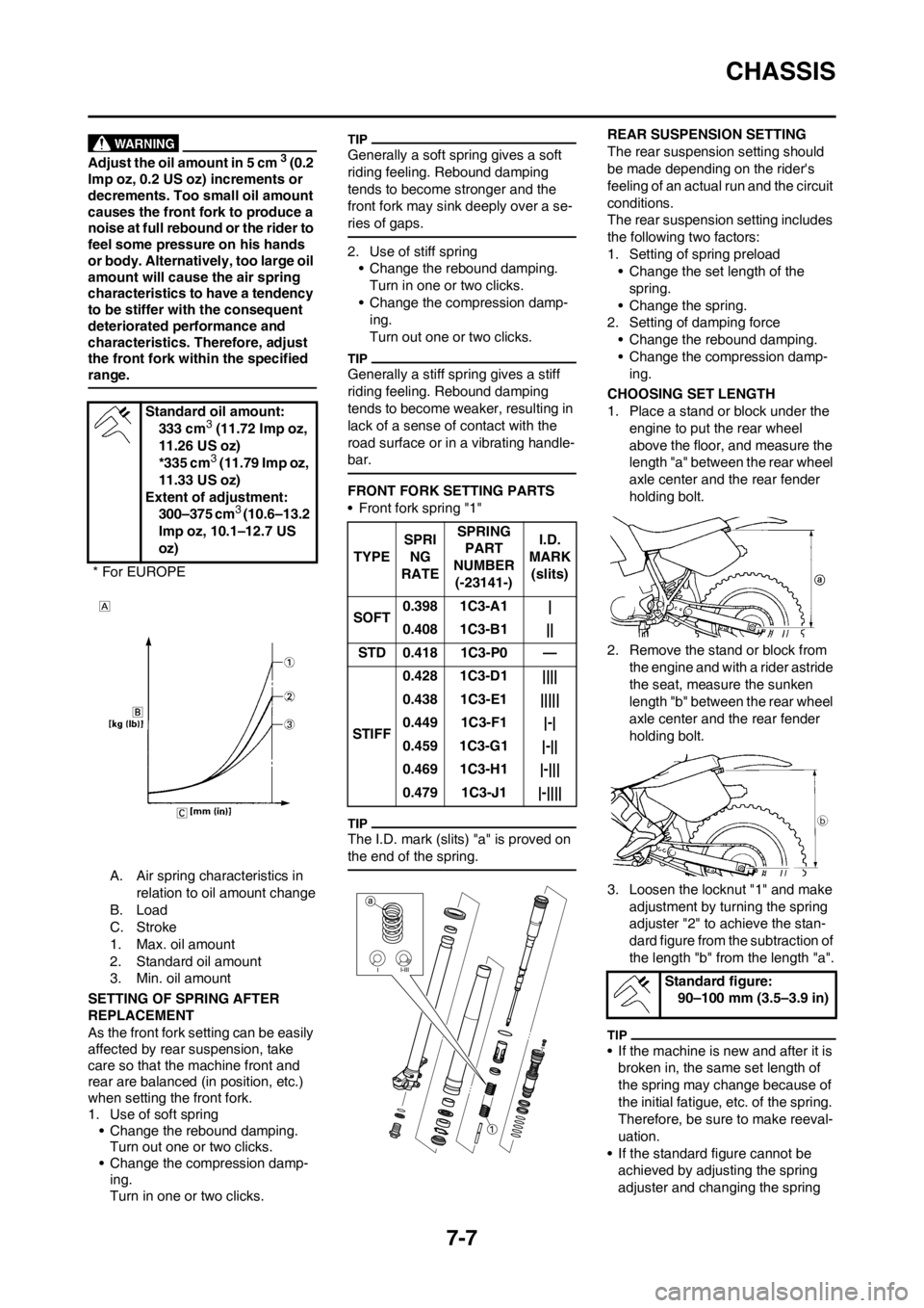 YAMAHA YZ125LC 2013 Owners Manual 7-7
CHASSIS
Adjust the oil amount in 5 cm 3 (0.2
Imp oz, 0.2 US oz) increments or
decrements. Too small oil amount
causes the front fork to produce a
noise at full rebound or the rider to
feel so YAMAHA YZ125LC 2013 Owners Manual 7-7
CHASSIS
Adjust the oil amount in 5 cm 3 (0.2
Imp oz, 0.2 US oz) increments or
decrements. Too small oil amount
causes the front fork to produce a
noise at full rebound or the rider to
feel so