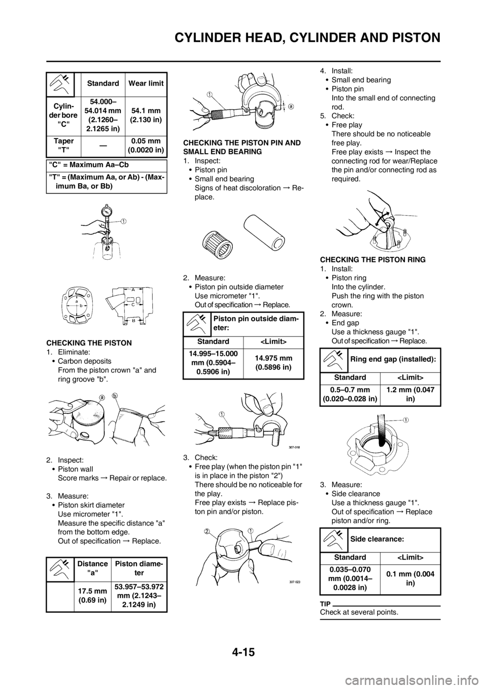 YAMAHA YZ125LC 2013 Manual PDF 4-15
CYLINDER HEAD, CYLINDER AND PISTON
CHECKING THE PISTON
1. Eliminate:
• Carbon deposits
From the piston crown "a" and
ring groove "b".
2. Inspect:
• Piston wall
Score marks → Repair or repl YAMAHA YZ125LC 2013 Manual PDF 4-15
CYLINDER HEAD, CYLINDER AND PISTON
CHECKING THE PISTON
1. Eliminate:
• Carbon deposits
From the piston crown "a" and
ring groove "b".
2. Inspect:
• Piston wall
Score marks → Repair or repl