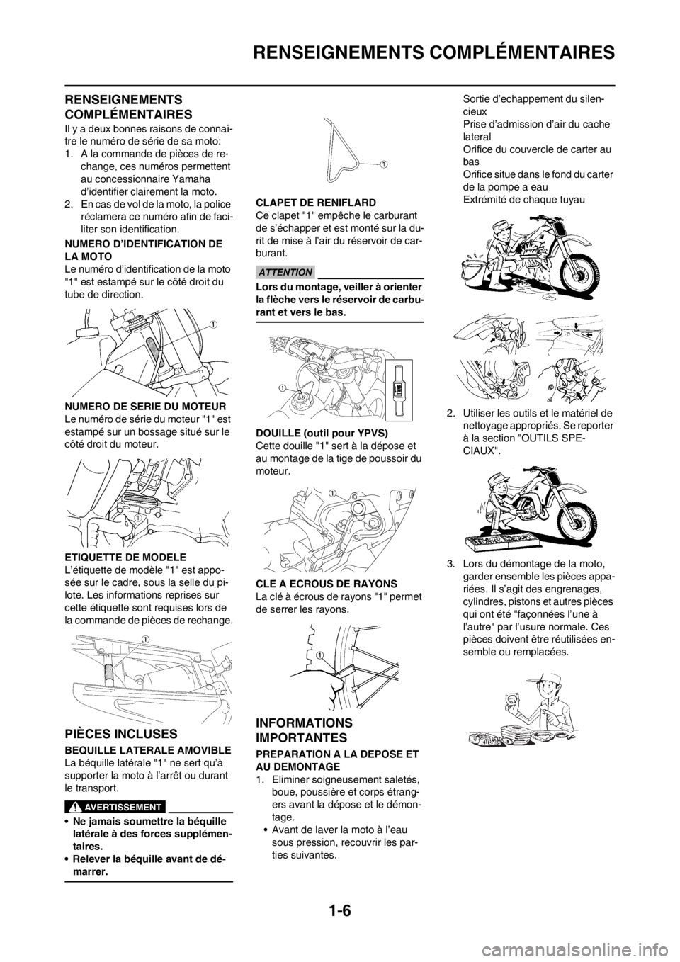 YAMAHA YZ125LC 2013 Notices Demploi (in French) 1-6
RENSEIGNEMENTS COMPLÉMENTAIRES
RENSEIGNEMENTS
COMPLÉMENTAIRES
Il y a deux bonnes raisons de connaî-
tre le numéro de série de sa moto:
1. A la commande de pièces de re-
change, ces numéros YAMAHA YZ125LC 2013 Notices Demploi (in French) 1-6
RENSEIGNEMENTS COMPLÉMENTAIRES
RENSEIGNEMENTS
COMPLÉMENTAIRES
Il y a deux bonnes raisons de connaî-
tre le numéro de série de sa moto:
1. A la commande de pièces de re-
change, ces numéros