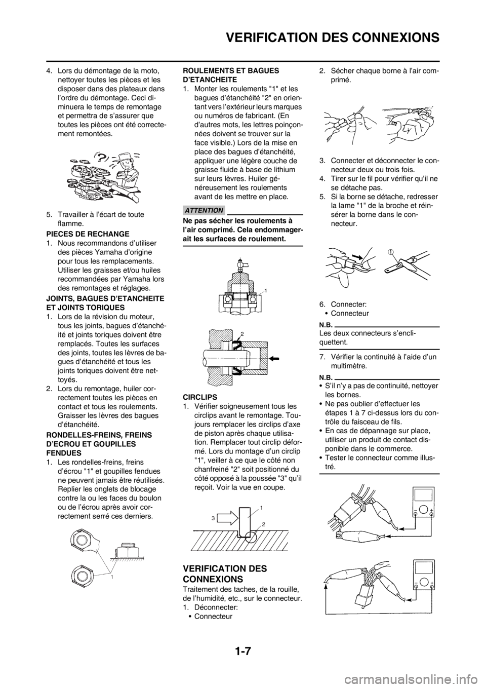 YAMAHA YZ125LC 2013 Notices Demploi (in French) 1-7
VERIFICATION DES CONNEXIONS
4. Lors du démontage de la moto,
nettoyer toutes les pièces et les
disposer dans des plateaux dans
l’ordre du démontage. Ceci di-
minuera le temps de remontage YAMAHA YZ125LC 2013 Notices Demploi (in French) 1-7
VERIFICATION DES CONNEXIONS
4. Lors du démontage de la moto,
nettoyer toutes les pièces et les
disposer dans des plateaux dans
l’ordre du démontage. Ceci di-
minuera le temps de remontage