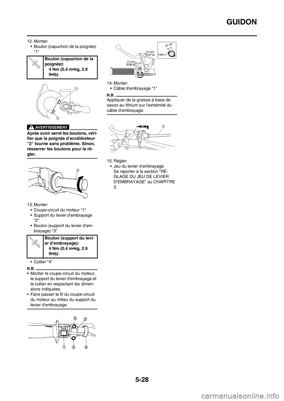 YAMAHA YZ125LC 2013  Notices Demploi (in French) 5-28
GUIDON
12. Monter:
• Boulon (capuchon de la poignée) 
"1"
Après avoir serré les boulons, véri-
fier que la poignée daccélérateur 
"2" tourne sans problème. Sinon, 
resserrer les boulon