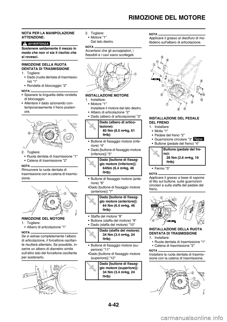 YAMAHA YZ125LC 2013 Manuale duso (in Italian) 4-42
RIMOZIONE DEL MOTORE
NOTA PER LA MANIPOLAZIONE
ATTENZIONE:
Sostenere saldamente il mezzo in
modo che non vi sia il rischio che
si rovesci.
RIMOZIONE DELLA RUOTA
DENTATA DI TRASMISSIONE
1. Tog YAMAHA YZ125LC 2013 Manuale duso (in Italian) 4-42
RIMOZIONE DEL MOTORE
NOTA PER LA MANIPOLAZIONE
ATTENZIONE:
Sostenere saldamente il mezzo in
modo che non vi sia il rischio che
si rovesci.
RIMOZIONE DELLA RUOTA
DENTATA DI TRASMISSIONE
1. Tog