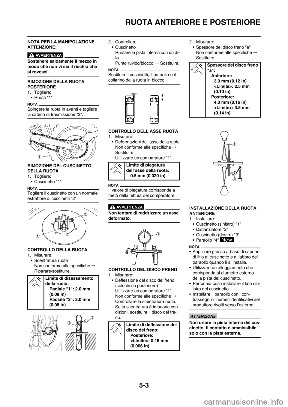 YAMAHA YZ125LC 2013 Manuale duso (in Italian) 5-3
RUOTA ANTERIORE E POSTERIORE
NOTA PER LA MANIPOLAZIONE
ATTENZIONE:
Sostenere saldamente il mezzo in
modo che non vi sia il rischio che
si rovesci.
RIMOZIONE DELLA RUOTA
POSTERIORE
1. Togliere: YAMAHA YZ125LC 2013 Manuale duso (in Italian) 5-3
RUOTA ANTERIORE E POSTERIORE
NOTA PER LA MANIPOLAZIONE
ATTENZIONE:
Sostenere saldamente il mezzo in
modo che non vi sia il rischio che
si rovesci.
RIMOZIONE DELLA RUOTA
POSTERIORE
1. Togliere: