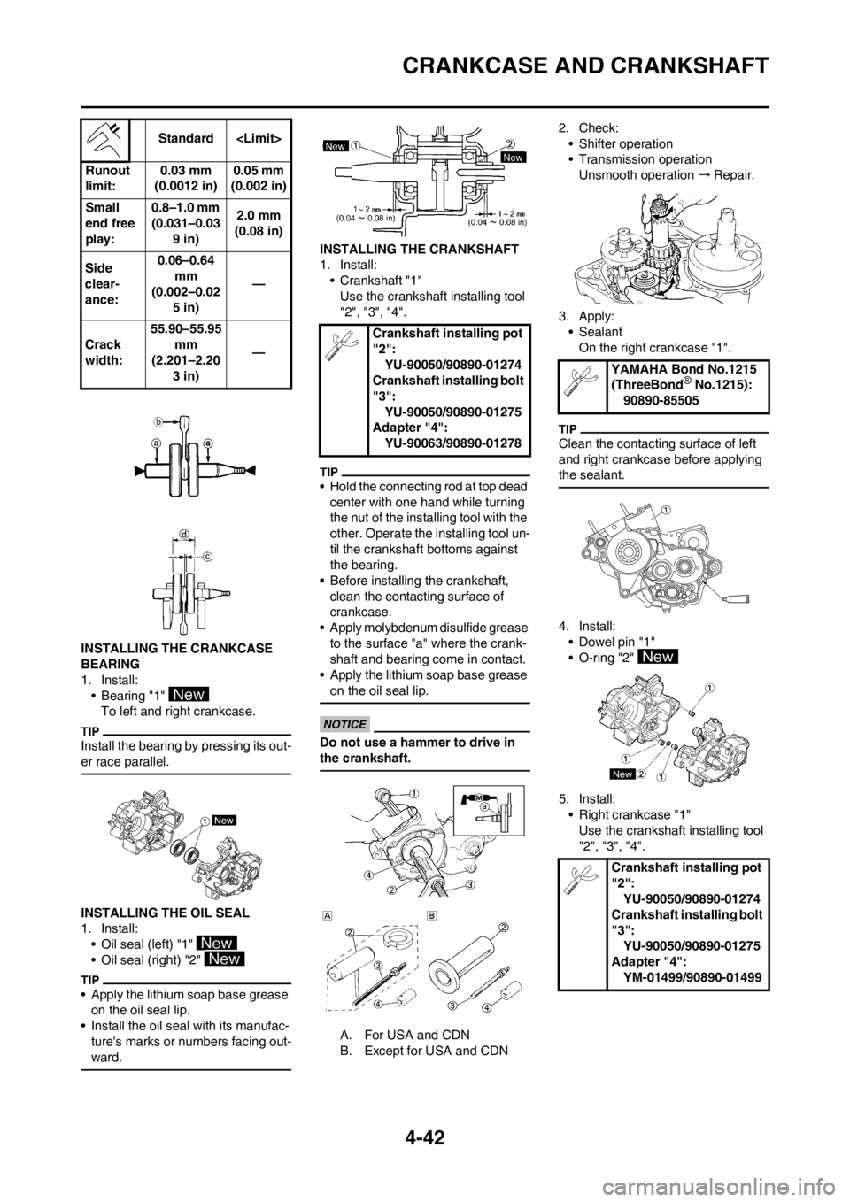 YAMAHA YZ125LC 2012  Owners Manual 4-42
CRANKCASE AND CRANKSHAFT
INSTALLING THE CRANKCASE 
BEARING
1. Install:
• Bearing "1" 
To left and right crankcase.
Install the bearing by pressing its out-
er race parallel.
INSTALLING THE OIL 