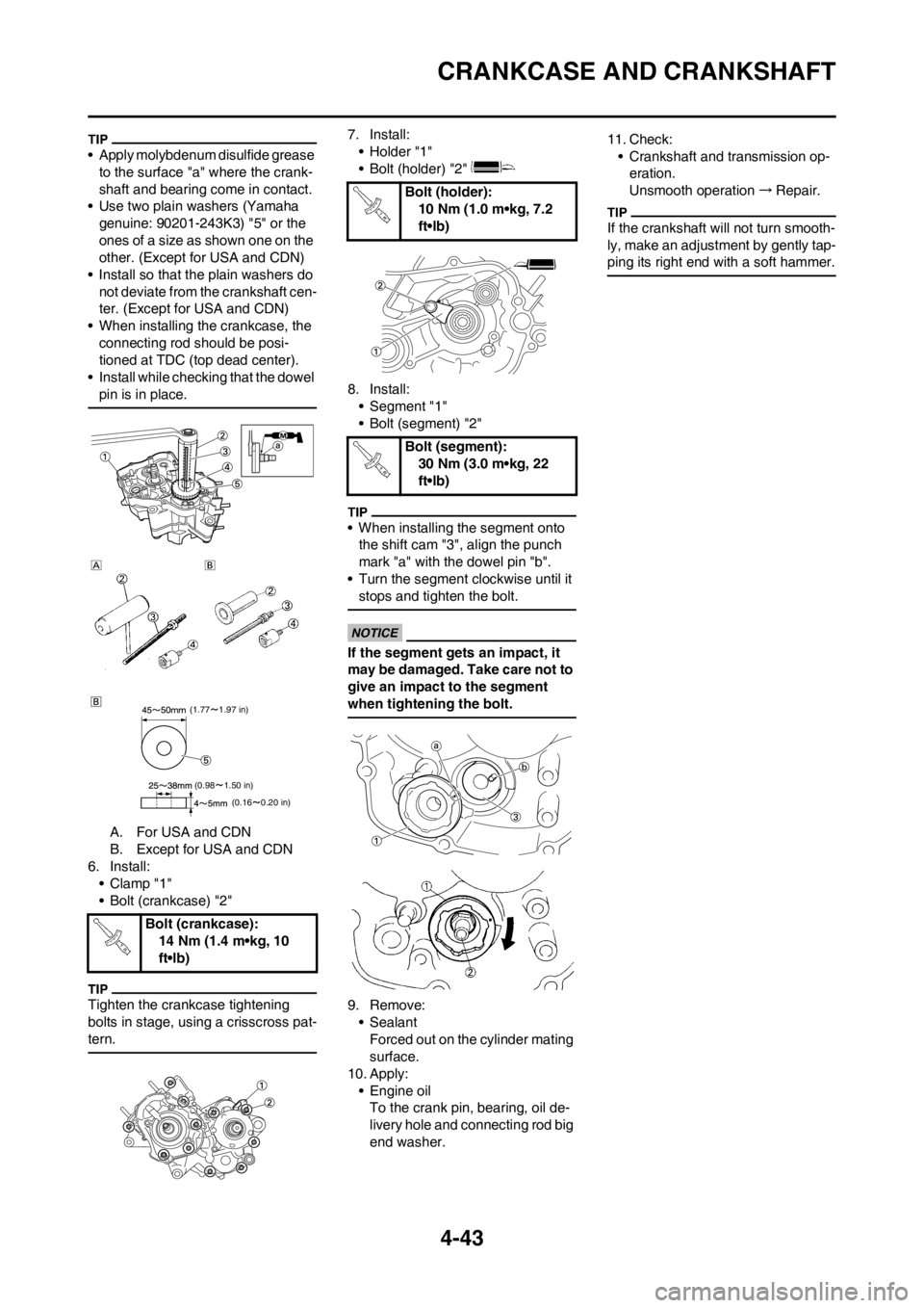 YAMAHA YZ125LC 2012  Owners Manual 4-43
CRANKCASE AND CRANKSHAFT
• Apply molybdenum disulfide grease 
to the surface "a" where the crank-
shaft and bearing come in contact.
• Use two plain washers (Yamaha 
genuine: 90201-243K3) "5"