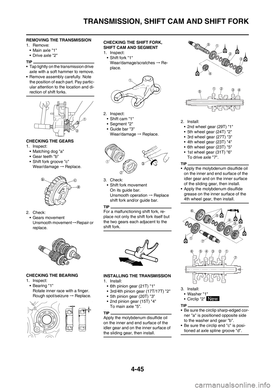 YAMAHA YZ125LC 2012  Owners Manual 4-45
TRANSMISSION, SHIFT CAM AND SHIFT FORK
REMOVING THE TRANSMISSION
1. Remove:
• Main axle "1"
• Drive axle "2"
• Tap lightly on the transmission drive 
axle with a soft hammer to remove.
• 