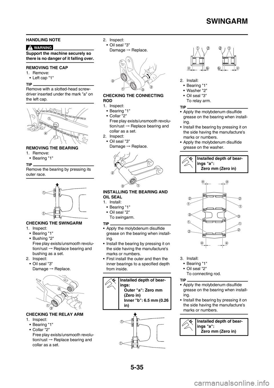 YAMAHA YZ125LC 2012 Owners Manual 5-35
SWINGARM
HANDLING NOTE
Support the machine securely so
there is no danger of it falling over.
REMOVING THE CAP
1. Remove:
• Left cap "1"
Remove with a slotted-head screw-
driver inserted under YAMAHA YZ125LC 2012 Owners Manual 5-35
SWINGARM
HANDLING NOTE
Support the machine securely so
there is no danger of it falling over.
REMOVING THE CAP
1. Remove:
• Left cap "1"
Remove with a slotted-head screw-
driver inserted under